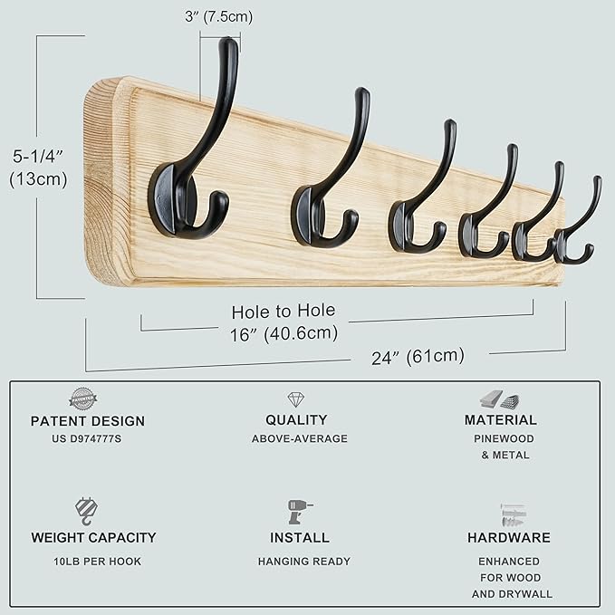 Dseap Coat Rack Wall: 24" Long, Patented, Heavy-Duty, 6-Double-Hooks Wooden Wall Mounted Coat Rack Coat Hanger Hook Rail for Winter Coats Hat Jacket Clothing, Light Brown-Ruum Studio Home