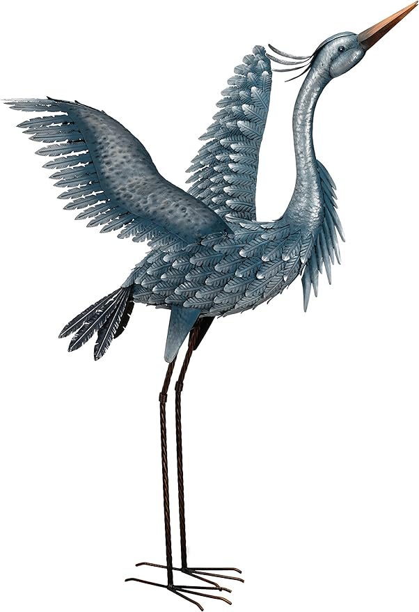 Regal Art & Gift Outdoor Garden Décor, Unique Bird Sculpture, Rustic Metal Bird Statues, Garden Ornaments, Bird Figurine for Lawn, Decorative Sculpture, Heron, Blue, Wings Up, 47"height-Ruum Studio Home