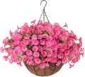 Artificial Faux Hanging Plants Flowers Basket for Outdoors Outside Spring Summer Decoration, Silk Pink Morning Glory in Planter UV Resistant Look Real Fake Flowers for Porch Patio Balcony Home Yard-Ruum Studio Home