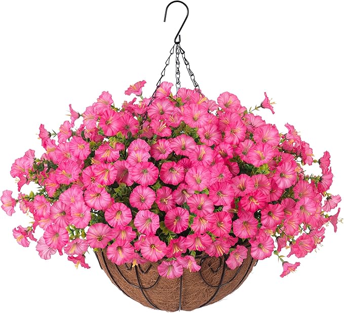 Artificial Faux Hanging Plants Flowers Basket for Outdoors Outside Spring Summer Decoration, Silk Pink Morning Glory in Planter UV Resistant Look Real Fake Flowers for Porch Patio Balcony Home Yard-Ruum Studio Home