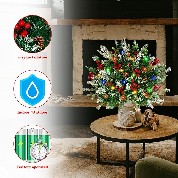 2 Pack Lighted Artificial Christmas Urn Filler, Battery Operated Pre-lit Xmas Pine Trees, Tripod Stake and 60 LED Lights, Holiday Porch Decorations for Porch, Yard, Garden, Flower Beds（Multicolor）-Ruum Studio Home