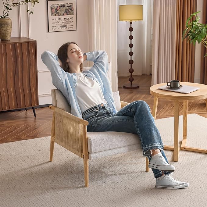 VINGLI Boho Braid Accent Armchair,Mid-Century Modern Chiar with Solid Wooden Armrest,Comfy Louge Cushion Chair with Waist Pillow for Bedroom,Living Room,Reading Room, Light Gray-Ruum Studio Home