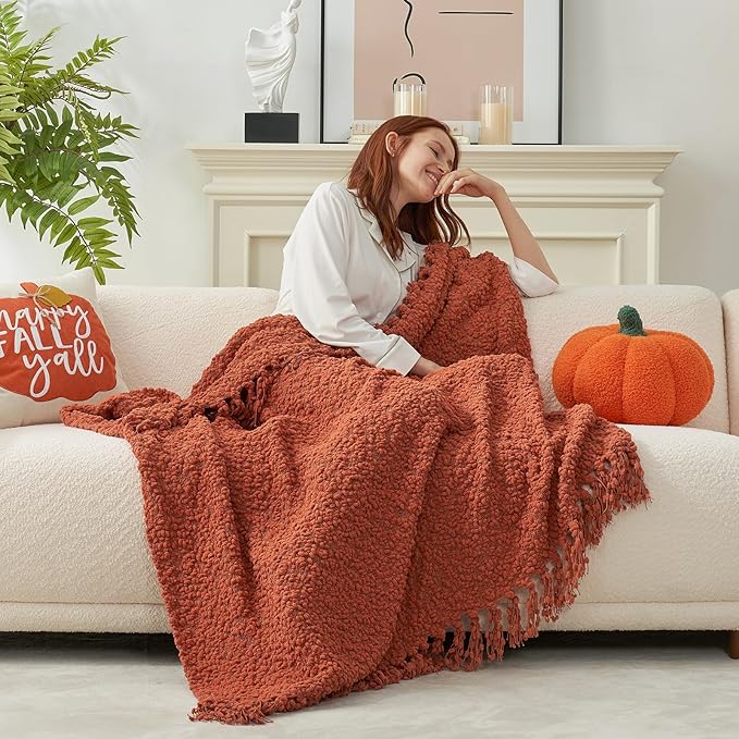 Amélie Home Knit Throw Blanket with Tassels for Couch, Luxury Boho Throw Blanket for Summer Orange, 50"x60"-Ruum Studio Home
