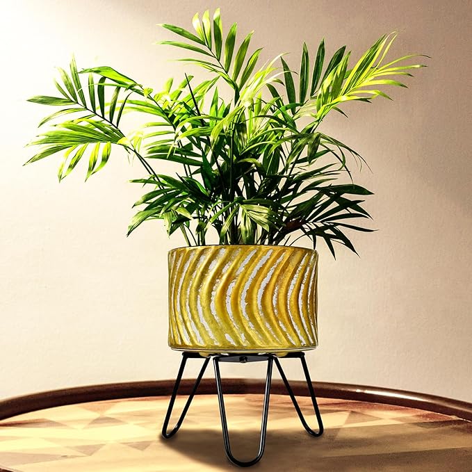 Harvest Land Plant Pots with Stand, Set of 2 Large Modern Planters Metal Tall Handmade Flower Pots with Drainage Holes Indoor Outdoor,Gold-Ruum Studio Home
