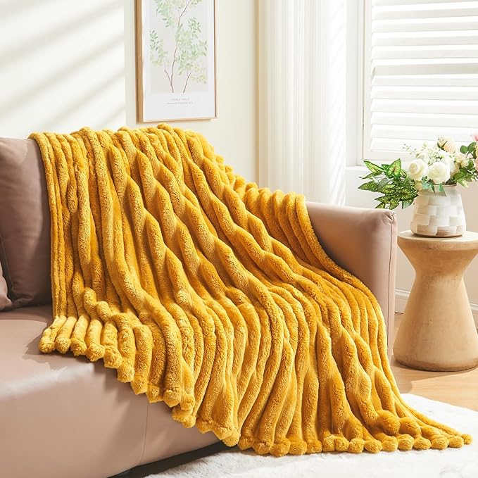 NEWCOSPLAY Super Soft Throw Blanket Mustard Yellow Premium Silky Flannel Fleece 3D Ribbed Jacquard Lightweight Bed Blanket All Season Use (Mustard Yellow Ribbed, Throw(50"x60"))-Ruum Studio Home