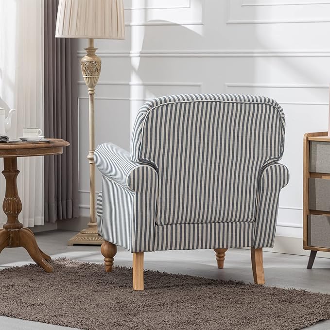chairus Linen Accent Chair for Living Room Upholstered Mid Century Modern Single Sofa Chair with Solid Wood Legs Comfy Reading Chair Armchair for Bedroom/Office Room/Recption/Lounge, Blue Stripe-Ruum Studio Home