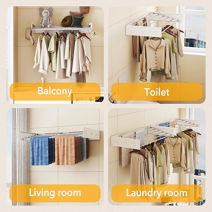 Upgrade Drying Rack Clothing,Clothes Drying Rack Wall Mounted,Laundry Drying Rack Wall Mount,Foldable,Collapsible,Retractable,6 Aluminium Poles,with Hooks,(White 35.5"-Ruum Studio Home
