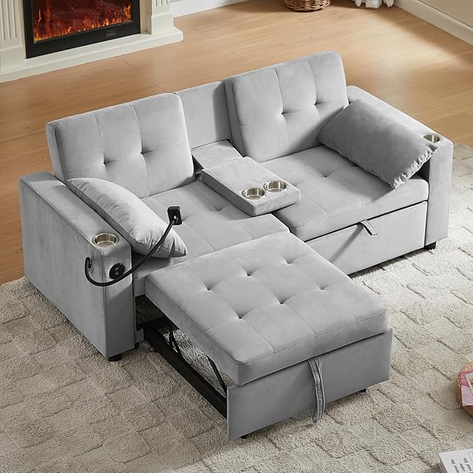 70" Queen Size Sofa Bed for Living Room – Pull-Out Sleeper Sofa Couch with Cup Holder, Phone Holder, USB Charging Port, Solid Wood Frame, Easy Assembly, Space-Saving Design for Small Apartments-Ruum Studio Home