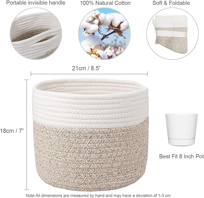 Woven Cotton Rope Plant Basket for 8" Flower Pot Small Basket for Plants Storage Organizer H7.5 x W8.5-Ruum Studio Home