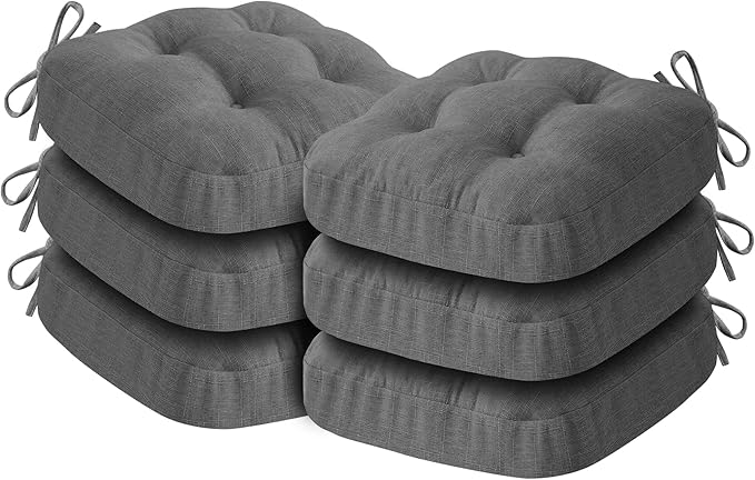 Chair Cushions for Dining Chairs, Dining Chair Cushions, Tufted Indoor Chair Pads with Ties & Non Slip Backing, Seat Cushions for Kitchen Chairs 16.5” x 16.5” x 3.5”, Set of 6, Grey-Ruum Studio Home