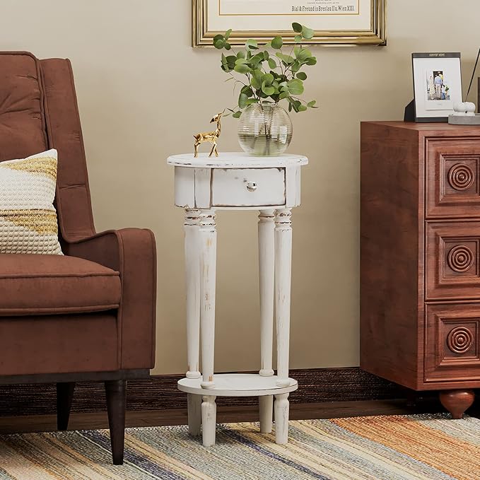COSIEST Tall End Table with Drawer, Round Nightstand with Storage Shelf, Industrial Telephone End Table for Living Room, Bedroom, Hall Way, Space Saving Beige-Ruum Studio Home