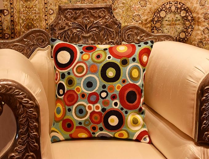Turquoise Polka Dots Decorative Pillow Cover Contemporary Pillowcase Blue Modern Outdoor Chair Cushion Throw Sofa Couch Cushions Hand Embroidered Wool 18x18-Ruum Studio Home