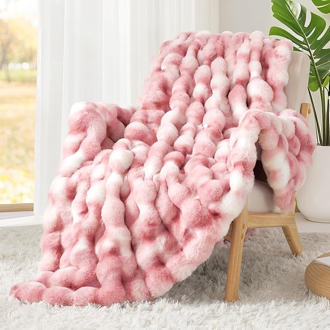 Luxury 1000GSM Faux Rabbit Fur Throw Blanket for Woman, Super Heavy Warm Cozy Blankets for Her for Couch Bed Sofa, Bubble Plush Fuzzy Elegant Soft Reversible Mink Blanket for Living Room Bedroom, Pink-Ruum Studio Home