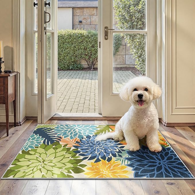 Area Rug 2x3 Yellow Green Washable Entry Small Rug Multicolored Tropical Botanical Modern Floral Indoor Kitchen Door Mat Entrance Carpet Non Slip for Bedroom Living Room, Porch-Ruum Studio Home