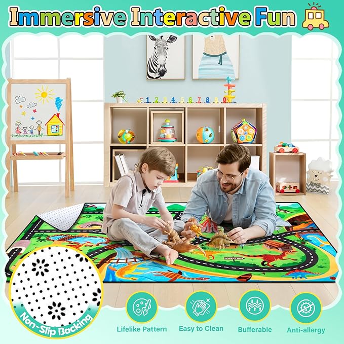 Kids Rug, Car Carpet for Kids' Toy Cars, 5x7 Ft Dinosaur Rug, Dino Safari Road Mat for Playroom, Educational Learning & Game Area Baby Play Mat Carpet for Children-Ruum Studio Home