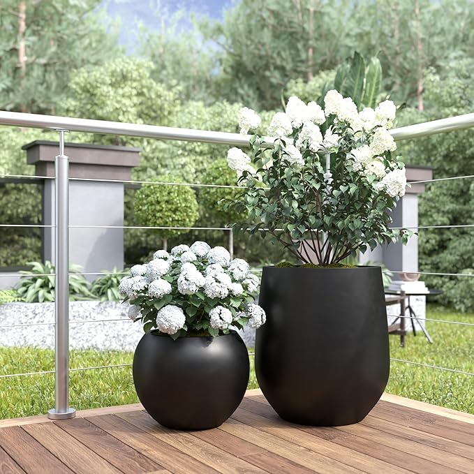 DTY Signature Mount Sherman Lightweight Durable Modern Fiberstone Sphere Planter for Indoor & Outdoor Drainage Hole & Rubber Plug Weather Resistant, 17" H x 21" Dia 14.4" Pot Opening - Large, Black-Ruum Studio Home