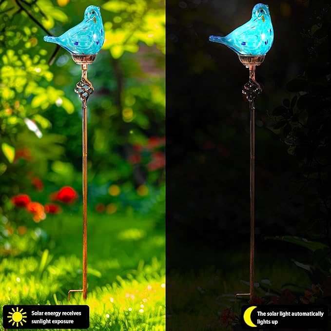 Decorative Solar Lights, Outdoor Solar Bird Stake Lights, Hand Blown Glass Decorative Garden Pathway Lights Outdoor Waterproof Glass Stakes (Light Blue)-Ruum Studio Home