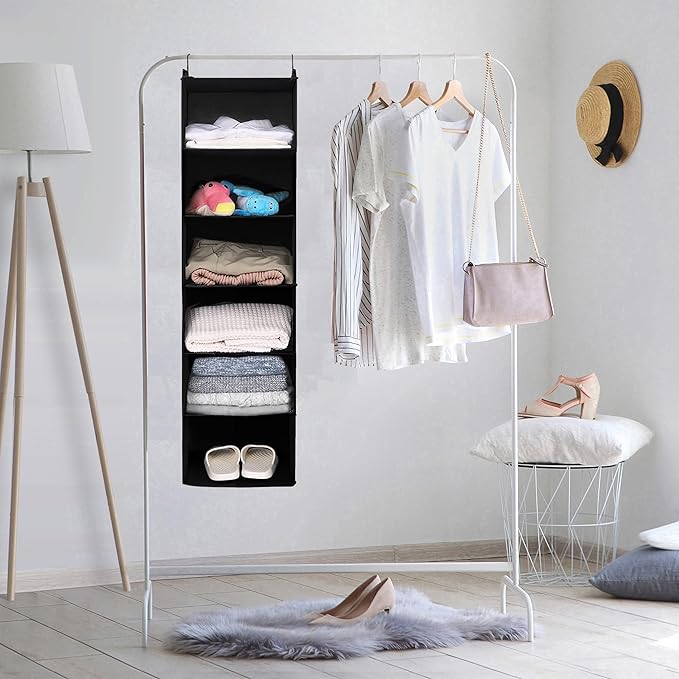 MAX Houser 6 Tier Shelf Hanging Closet Organizer, Closet Hanging Shelf with 2 Sturdy Hooks for Storage, Foldable (Black)-Ruum Studio Home