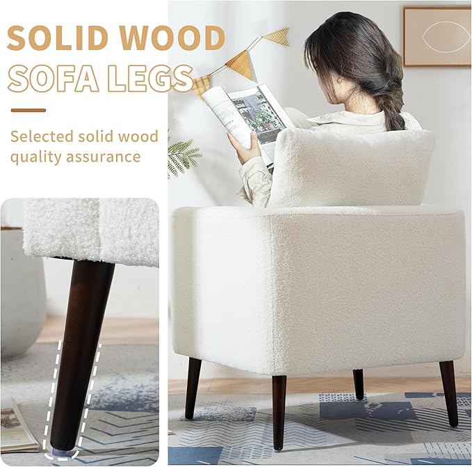 Barrel Accent Chair Set of 2 with Back Pillow, Large Teddy Upholstered Armchair with Solid Wood Legs Modern Reading Chairs for Living Room Bedroom-Ruum Studio Home