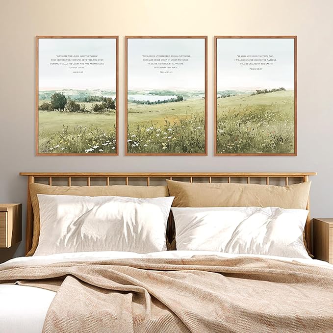KAIRNE Scripture Christian Canvas Wall Art,Bible Verse Prints Set of 3(16”X24”),Modern Scripture Floral Wall Decor,Framed Green Countryside Field Paintings for Living Room Bedroom Ding Room Decor-Ruum Studio Home