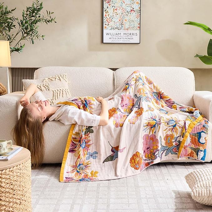Boho Throw Blanket, 100% Cotton Ultra Soft Luxury Throw Rustic Quilt, 50"x60" Floral Bird Butterfly Farmhouse Decor Bed Blankets, All Season Rustic Reversible Bohemian Throw for Bed - Yellow-Ruum Studio Home