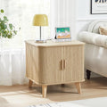 AVZEAR 24" Large Square End Table with Charging Station, Farmhouse Fluted Sofa Side Table with Sliding Tambour Door & Storage, Curved Rustic Wood Nightstand for Living Room, Bedroom, Natural-Ruum Studio Home