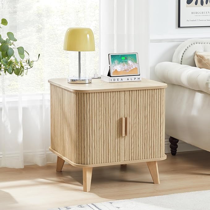 AVZEAR 24" Large Square End Table with Charging Station, Farmhouse Fluted Sofa Side Table with Sliding Tambour Door & Storage, Curved Rustic Wood Nightstand for Living Room, Bedroom, Natural-Ruum Studio Home