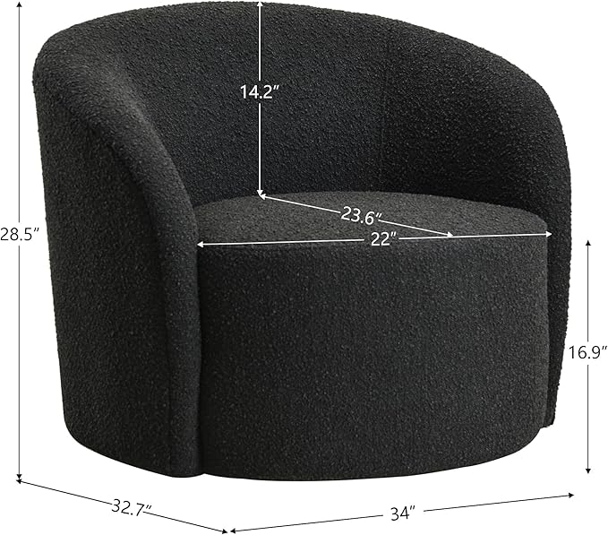 KINWELL 34" W Mid Century Modern Swivel Barrel Chair, Round Upholstered Boucle Swivel Accent Chairs, No Assembly Sofa Chair for Living Room Bedroom Reading Apartment Lounge Nursery(Black)-Ruum Studio Home