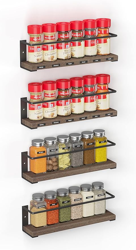 SpaceAid Spice Rack Organizer for Cabinet Door or Wall Mount (4 Pack) with 415 Spice Labels - Wood Hanging Seasoning Shelf for Cupboard Pantry or over the Stove-Ruum Studio Home