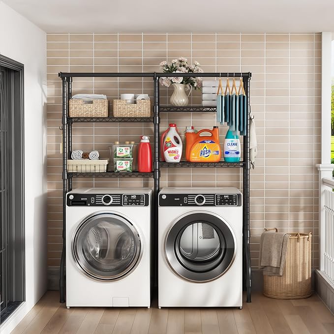 U14 Over Washer and Dryer Storage Shelves, 4 Tiers Laundry Room Storage and Organizer System, Space Saving Clothes Drying Rack with 2 Clothes Hanger Rods, 66.5" W x 20.5" D x 77.4" H, Black-Ruum Studio Home
