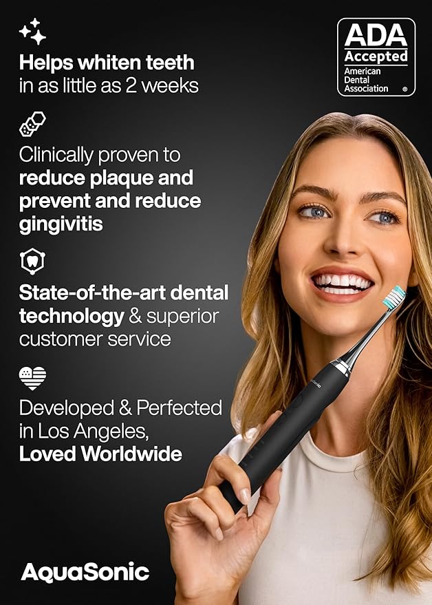 Aquasonic Black Series Ultra Whitening Toothbrush – ADA Accepted Electric Toothbrush- 8 Brush Heads & Travel Case – 40,000 VPM Electric Motor & Wireless Charging - 4 Modes w Smart Timer-Ruum Studio Home