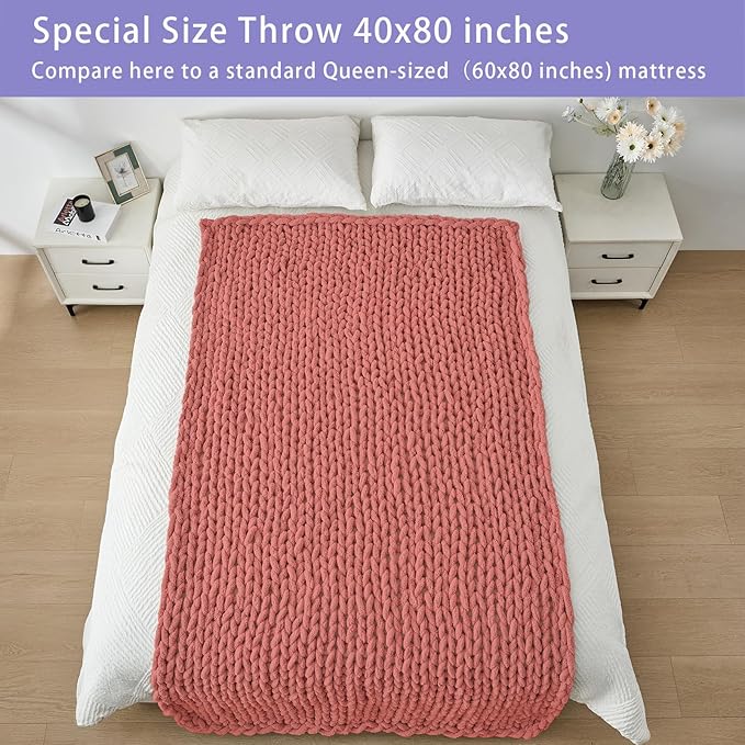 Bigacogo Chunky Knit Throw Blanket for Couch, 40x80 inches, 100% Hand Knitted with Thick Jumbo Chenille Yarn, Cozy Soft Large Rope Knot Cable Crochet Blankets for Sofa Bed Living Room, Antique Red-Ruum Studio Home