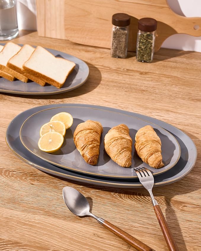 famiware Serving Platter, Oval 15.59/14.3/12.9 inch Serving Dishes for Entertaining, Serving Bowls, Microwave Safe, Fine Stonware Serving Trays for Party, Turkey, Cheese, Ocean Series, Dark Grey-Ruum Studio Home