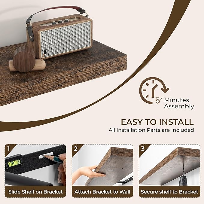 RICHFOCUS 36Inch Floating Shelves for Wall 2 Pack Shelves for Bedroom|Kitchen|Bathroom Wall Mounted Rustic Wood Floating Shelf with Invisible Brackets for Books|Storage|Decor, Rustic Brown-Ruum Studio Home