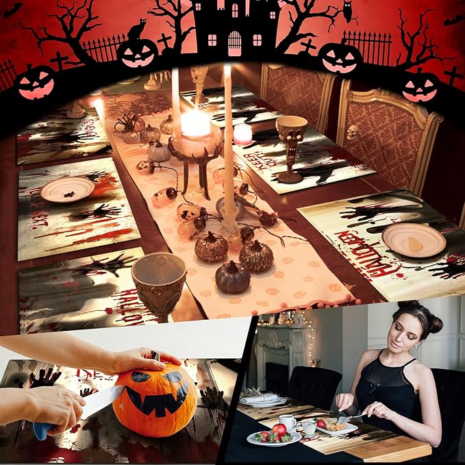 Umigy 6 Pcs Halloween Placemats 12"x18" Gothic Bat Placemats Kitchen Decoration Washable Witch Place Mats Rectangle Skull Table Mats for Halloween Dining Table Accessories (Bloody Hands Style)-Ruum Studio Home