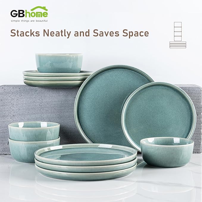 GBHOME Ceramic Dinnerware Sets for 4, 12 Pieces Stoneware Plates and Bowls Sets, Scratch Resistant Dishes, Dishwasher & Microwave Safe, Reactive Glaze-Malachite Green-Ruum Studio Home