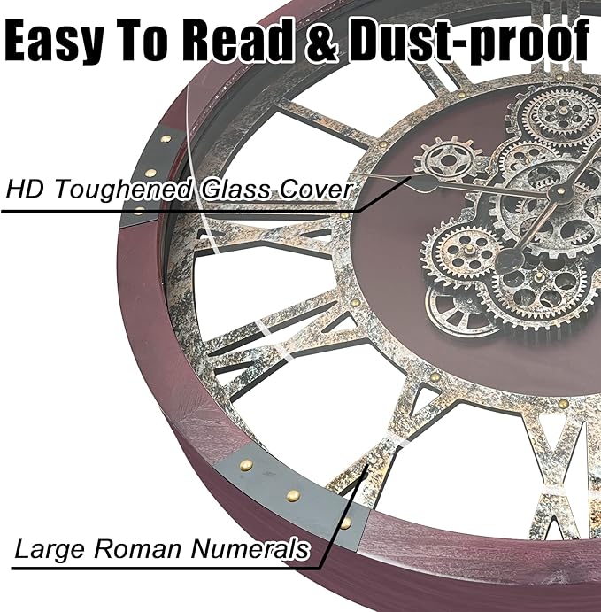 DORBOKER 24" Original Moving Gears Wall Clock, Large Industrial Wall Clock for Living Room Decor, Oversized Wood Vintage Farmhouse Steampunk Rustic Clocks for Wall Christmas Decor,Cherry Red-Ruum Studio Home