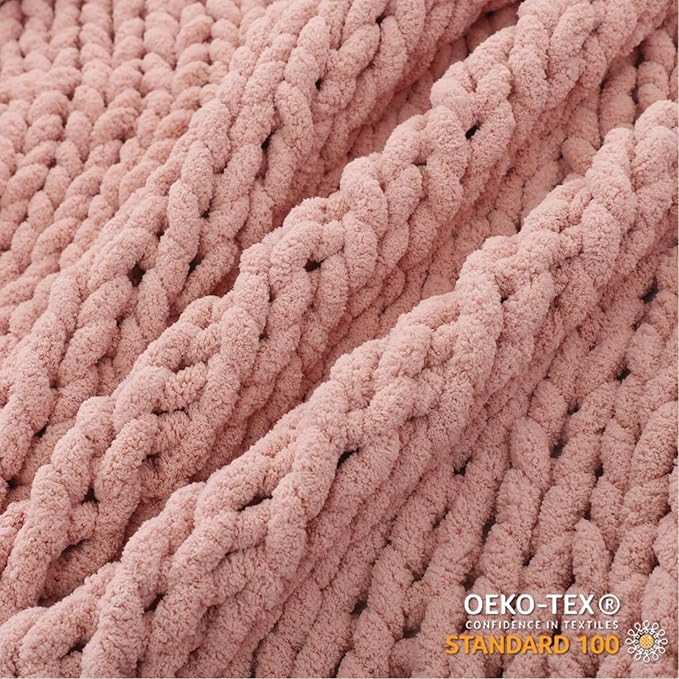 WESHIONGOO Chunky Knit Blanket Throw 50"×60" Knitted Throw Blankets for Couch Bed Fluffy Soft Blanket with Jumbo Chenille Yarn Thick 100% Handmade (Pink)-Ruum Studio Home