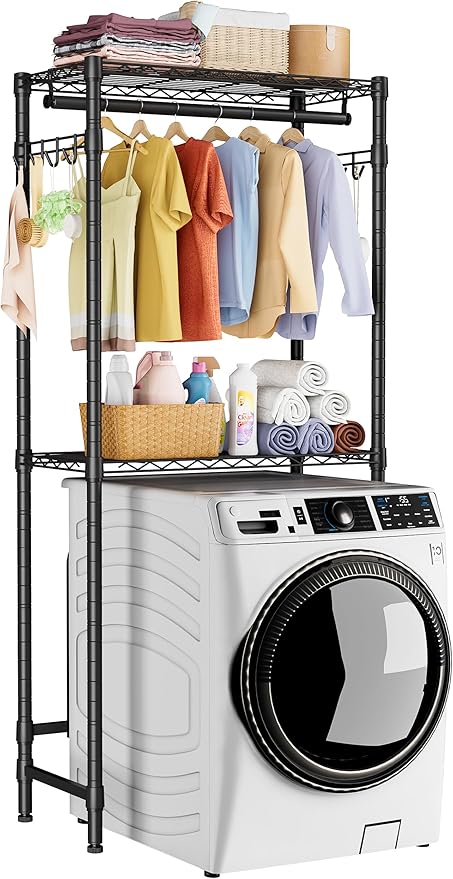 Over Washer and Dryer Shelves,2 Tier Adjustable Height Wire Shelving Laundry Room Storage Organization Clothes Drying Rack with Hanger Rod&Hooks,Space Saving Organizers Shelf,Black-Ruum Studio Home