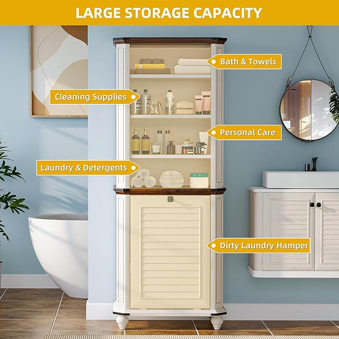 DWVO Tilt Out Laundry Hamper, Farmhouse 4-Tier Storage Cabinet with Removable Laundry Basket, Laundry Hamper Organizer with 2 Adjustable Shelves for Laundry Room, Bathroom, White-Ruum Studio Home