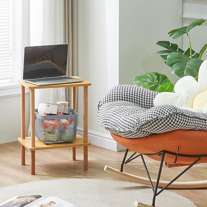 IBUYKE 2-Tier Side Table, Solid Wood Tall End Table with Storage Shelves, Nightstand Bedside Table for Living Room Bedroom Office, No-Tool Assembly, Natural UWST002N-Ruum Studio Home