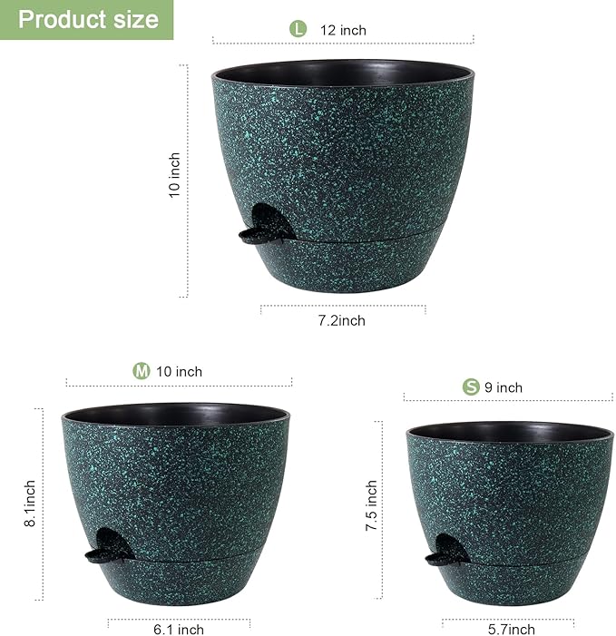 12/10/9 inch Large Self Watering Pots, Planter, Plant Pots with Mesh Drainage Holes for Indoor Outdoor Garden Plants, Plastic Flower Pots with Deep Reservoir, Black with Green Speckles-Ruum Studio Home