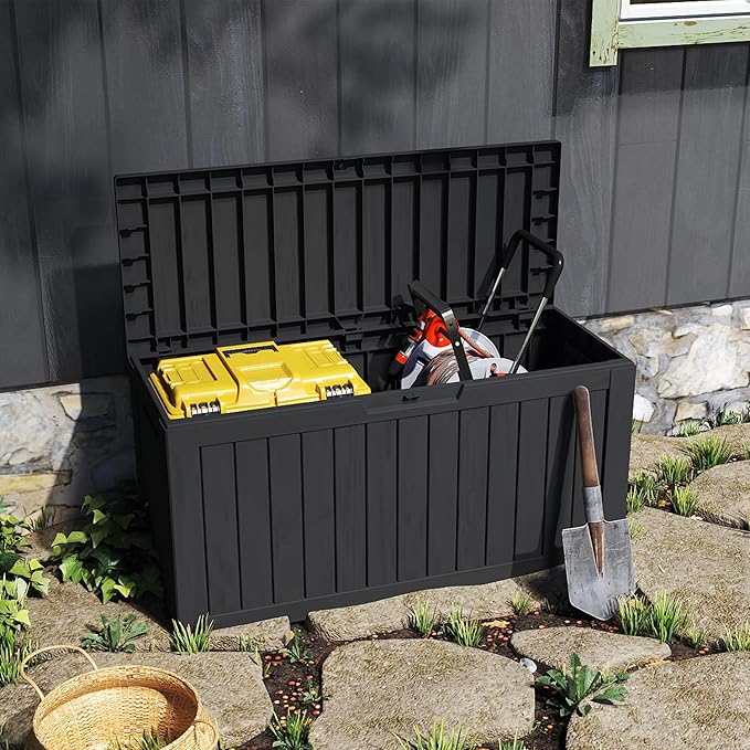 90 Gallon Lockable Resin Deck Box with Wheels, Waterproof & UV-Resistant Outdoor Storage Box for Outdoor Cushion Storage, Garden Tools & Pool Accessories Storage, Black-Ruum Studio Home