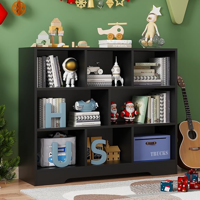 Book Shelf, 8 Cubes Storage Organizer, 3-Tier Open Shelf Wooden Bookcase, Freestanding Black Bookshelf Cube Shelf for Bedroom, Living Room, Home Office-Ruum Studio Home