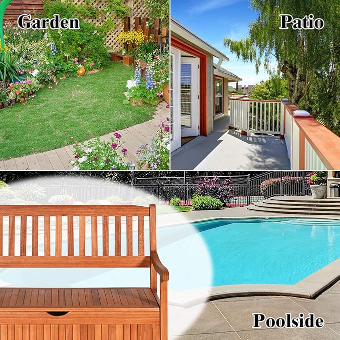 Tangkula Outdoor Wood Storage Bench Deck Box, Entryway Porch Storage Bench with Inner Removable Dust-Proof Lining & Portable Handles, Eucalyptus Wood Loveseat for Garden, Lawn, Balcony & Yard-Ruum Studio Home