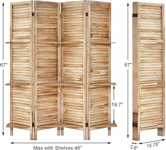 Room Divider with Shelves, Privacy Screen, Room Dividers and Folding Privacy Screens, 4 Panel Wood Temporary Wall Partition Separation Separator, Natural-Ruum Studio Home