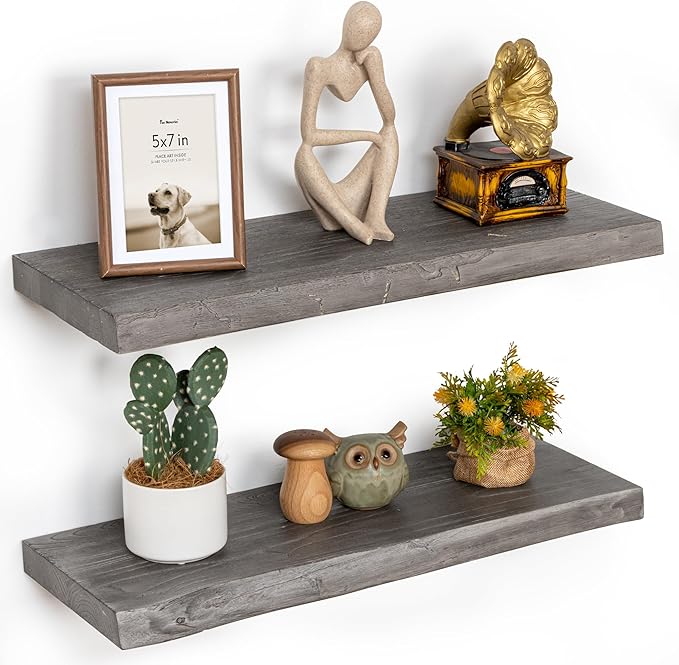 Floating Shelves for Wall, 24"x9.3" Rustic Solid Live-Edge Elm Wood Wall Shelves, Heavy-Duty Floating Shelves with Invisible Brackets, Set of 2 for Living Room, Bedroom, and Kitchen, Grey Finish-Ruum Studio Home