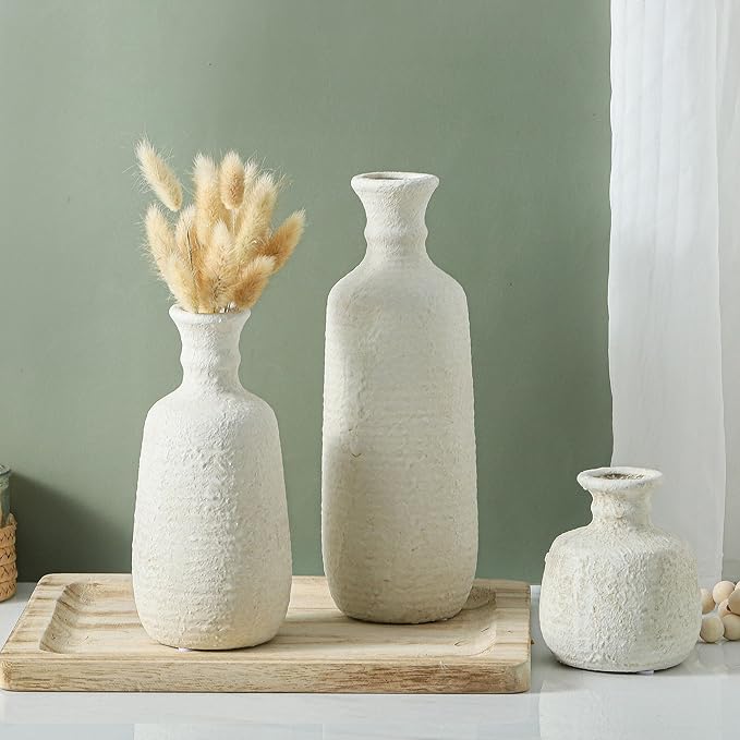 Ceramic Vase Set of 3, Neutral Rustic Vases Home Decor Farmhouse Decorative Vase Whitewashed Pottery Decor Boho Modern for Table Mantel Entryway Bookshelf Living Room Kitchen Bathroom Bedroom - White-Ruum Studio Home