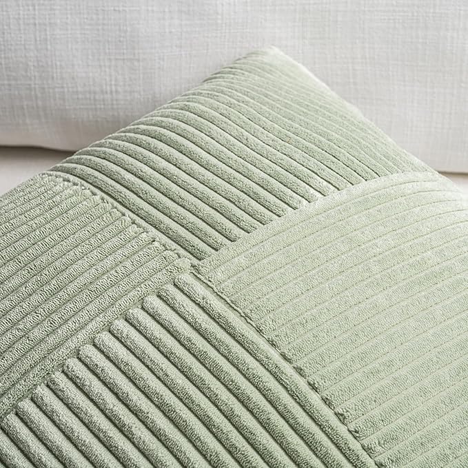 Fancy Homi Set of 2 Sage Green Boho Long Lumbar Body Decorative Throw Pillow Cover 14x36 Inch for Bed Couch Bedroom Bench, Soft Patchwork Corduroy Textured Pillow Case, Rustic Farmhouse Room Décor-Ruum Studio Home