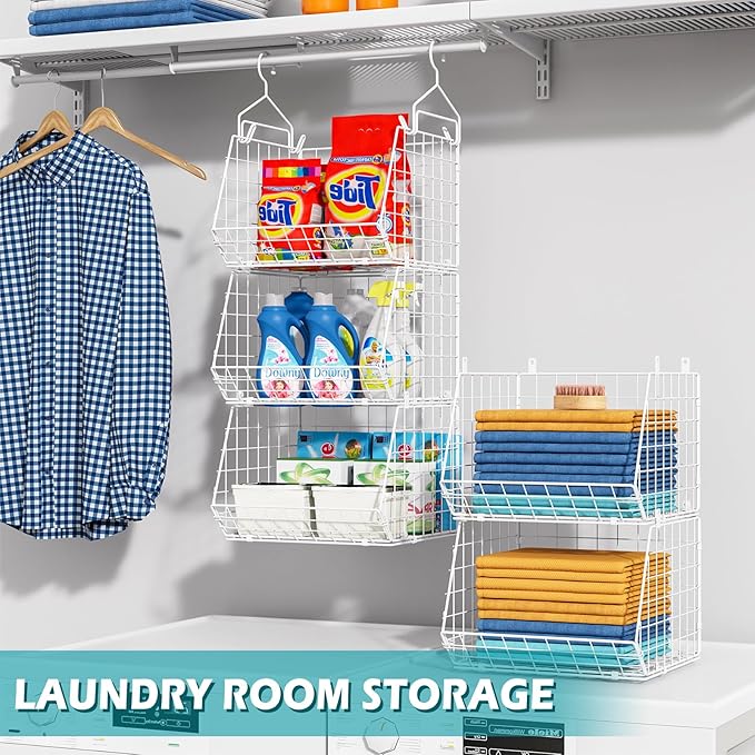 5 Tier Closet Hanging Organizer, Clothes Hanging Shelves with 4 Hanging Hooks 5 S Hooks, Wire Storage Basket Bins, for Clothing Sweaters Shoes Handbags Clutches Accessories Patent Design-White-Ruum Studio Home